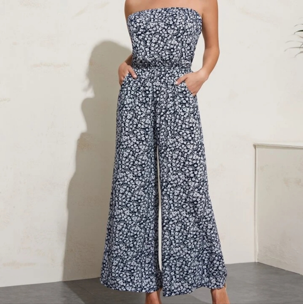 Floral wide leg strapless jumpsuit - Picture 1 of 2